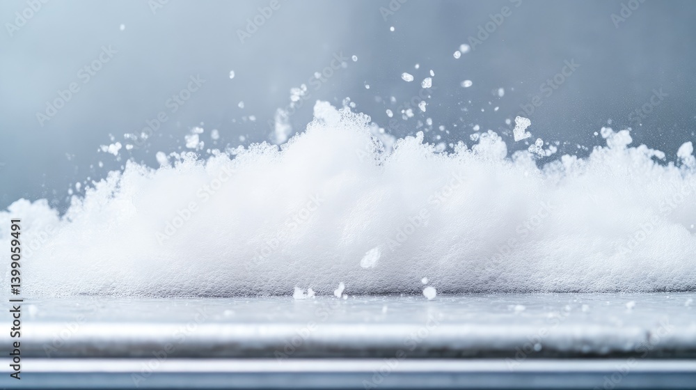 Frozen substance explodes, creating a white cloud of flakes