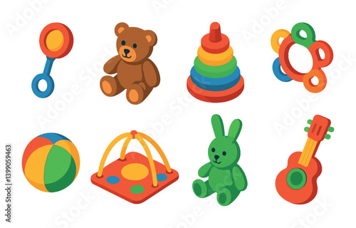 Isometric flat vector set of icons of baby toys: rattle, teddy bear, stacking rings, teether, soft ball, play mat, plush toy, musical toy. isolated transparent background.