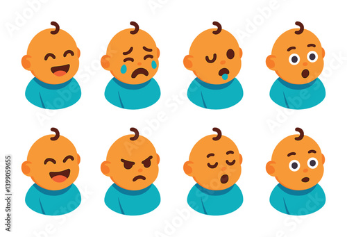 Isometric flat vector set of icons of baby emotions: happy baby, crying face, sleepy baby, surprised baby, laughing face, angry baby, yawning baby, curious look. isolated transparent background.