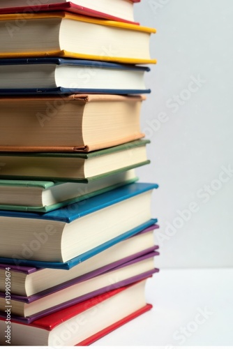 Colorful stack of books with a few pages peeking out, bookshelf, reading nook