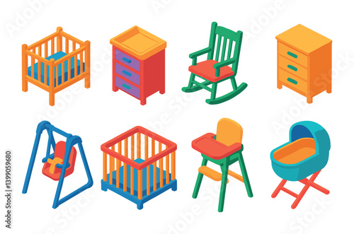Isometric flat vector set of icons of baby furniture: crib, changing table, rocking chair, baby dresser, baby swing, playpen, high chair, bassinet. isolated transparent background.