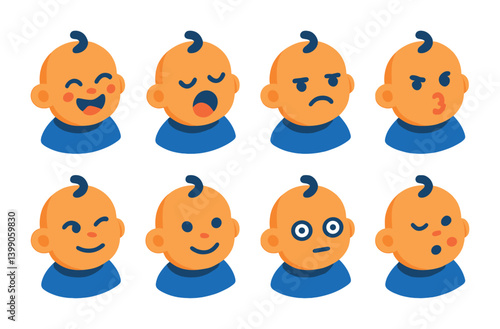 Isometric flat vector set of icons of baby expressions: giggle, yawn, frown, pout, blink, smile, stare, hiccup. isolated transparent background.