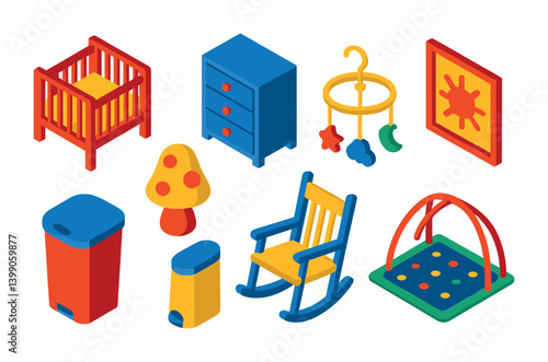 Isometric flat vector set of icons of baby room: crib, dresser, mobile, nightlight, wall art, rocking chair, diaper pail, play mat. isolated transparent background.