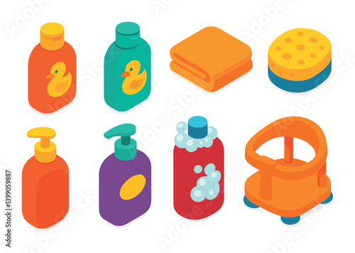 Isometric flat vector set of icons of baby care: baby bath, baby towel, comb, nail clipper, thermometer, nasal aspirator, lotion bottle, shampoo. isolated transparent background.