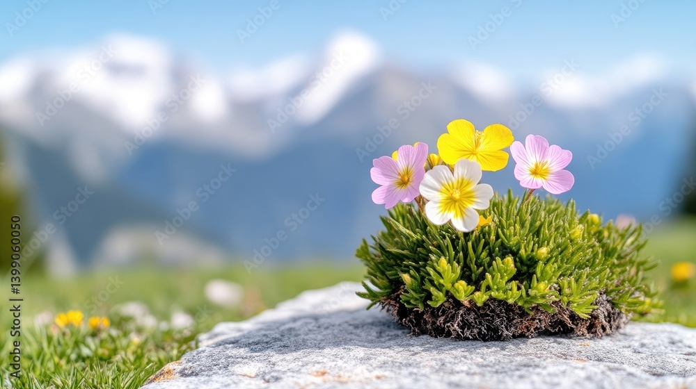 Alpine wildflowers on a rock, mountain backdrop