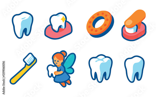 Dental care icons set: tooth, brush, fairy, gum, and cleanliness in 3d style
