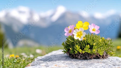 Obraz na płótnie Alpine wildflowers on a rock, mountain backdrop w salonie