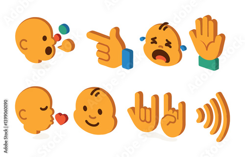 Isometric flat vector set of icons of baby communication: baby babble, pointing hand, crying icon, waving, blowing kiss, nodding, sign language, sound wave. isolated transparent background.