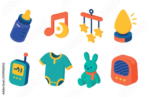 Isometric flat vector set of icons of baby sleep: crib, swaddle, mobile, nightlight, lullaby music note, pacifier, blanket, sleep schedule. isolated transparent background.
