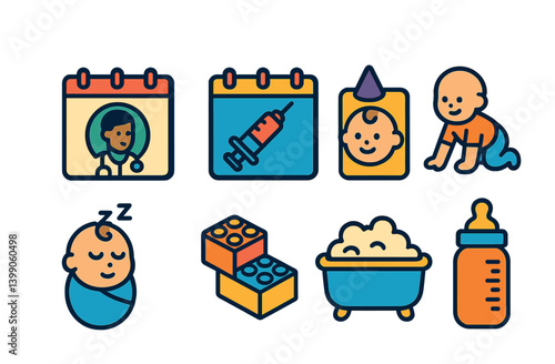 Isometric flat vector set of icons of baby calendar events: doctor visit, vaccine day, birthday, milestone day, nap schedule, playdate, bath time, feeding log. isolated transparent background.