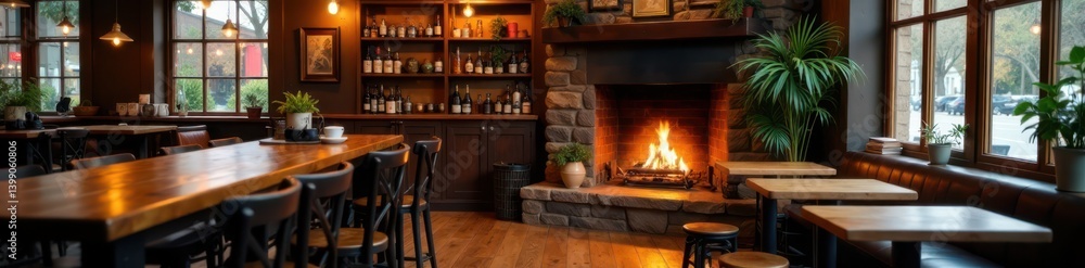 Fototapeta premium Cozy coffee shop with a warm fireplace and wooden tables, coffee shop, wood table, cozy atmosphere