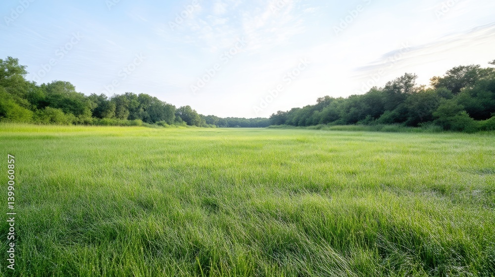 A vast green field with lush grass stretching into the distance, surrounded by dense trees under a clear blue sky, and serene nature landscape.