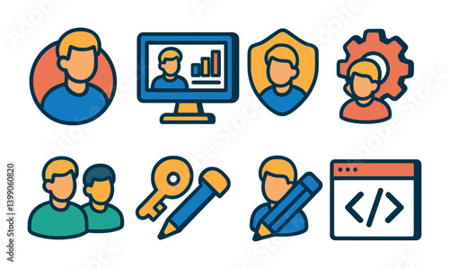 Isometric flat vector set of icons of account types: personal account, business account, creator account, admin profile, moderator, brand account, anonymous, verified. isolated transparent background