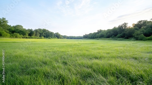 Obraz na płótnie A vast green field with lush grass stretching into the distance, surrounded by dense trees under a clear blue sky, and serene nature landscape. w salonie