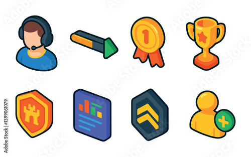 Colorful 3d gaming achievement icons set featuring trophies and badges