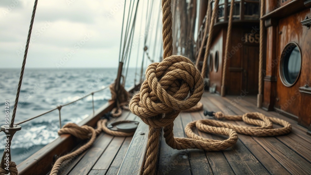 Obraz premium Majestic Sailing Ship Ocean Voyage, Nautical Rope, Wooden Deck