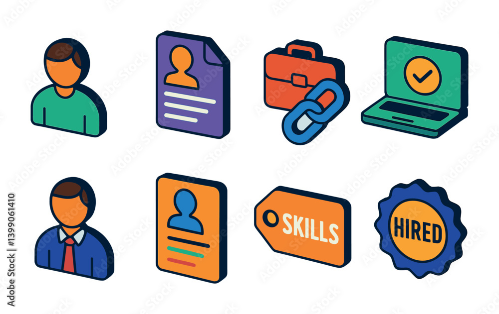 Fototapeta premium Isometric flat vector set of icons of professional networking: handshake, business card, connect, profile badge, meeting, career path, mentorship, resume. isolated transparent background.