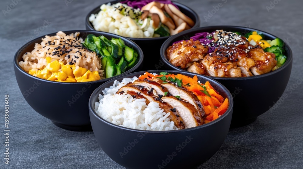 Four healthy, colorful bowls showcasing various Asian-inspired rice bowls with grilled chicken, vegetables, and rice
