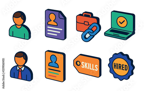 Isometric flat vector set of icons of professional networking: handshake, business card, connect, profile badge, meeting, career path, mentorship, resume. isolated transparent background.