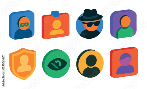 Isometric flat vector set of icons of user roles and permissions: admin, moderator, guest, member, blocked, verified, premium, anonymous. . , icons isolated transparent background.