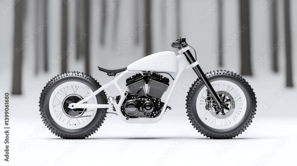 Custom Motorcycle Minimalist Design, High-Resolution Studio Lighting, Side Profile View, Black accents, Static Display, Forest Backdrop, Clean Monochromatic Aesthetic, Perfect for Catalogs