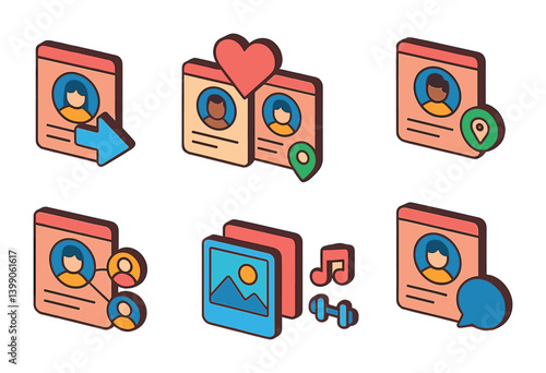 Isometric flat vector set of icons of digital love: heart app icon, heart notification, love message alert, digital heart, dating app, swipe heart, heart chat, emoji with heart eyes. isolated