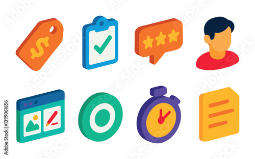 Isometric flat vector set of icons of freelance profiles: hourly rate tag, completed jobs, client reviews, freelancer avatar, portfolio samples, availability status, response time, gig list. isolated