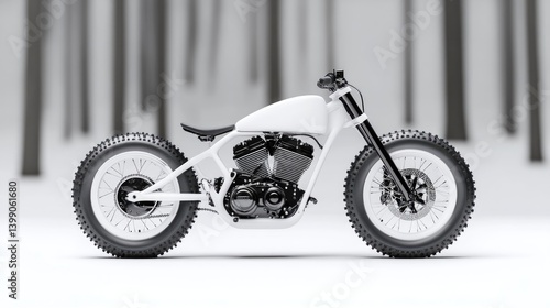 Obraz na płótnie Custom Motorcycle Minimalist Design, High-Resolution Studio Lighting, Side Profile View, Black accents, Static Display, Forest Backdrop, Clean Monochromatic Aesthetic, Perfect for Catalogs w salonie