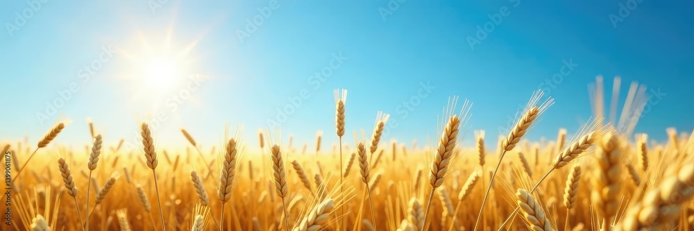 Fototapeta premium The clear blue sky reflects off the golden wheat, grain, nature, shiny
