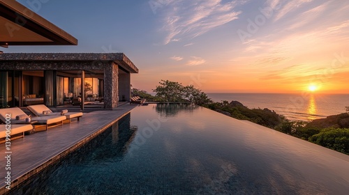 Modern luxury villa with infinity pool overlooking the ocean at sunset, aspirational travel and real estate concept for premium lifestyle visuals