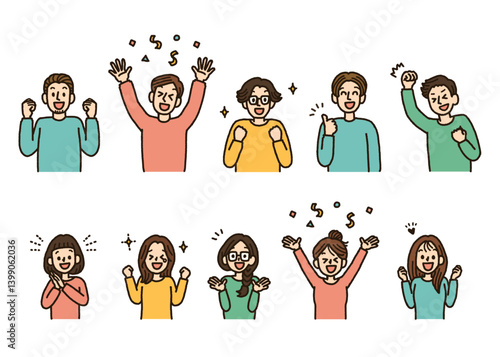 喜ぶ　男女　イラスト　セット　人物　上半身　バリエーション　手書き