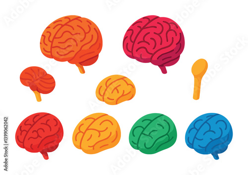 Isometric flat vector set of icons of brain anatomy: left hemisphere, right hemisphere, cerebellum, brain stem, frontal lobe, parietal lobe, occipital lobe, temporal lobe. isolated transparent