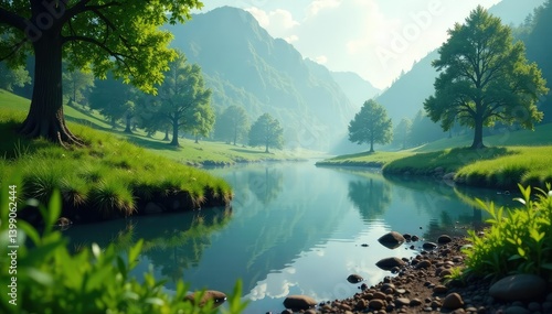 The earthy scent of damp soil rises from a peaceful pond, cloudy, fresh, abstract