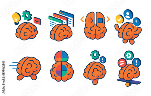 Isometric flat vector set of icons of multitasking brain: brain with multiple windows, split attention, task juggle, speed process, focus zones, mental load, balance mode. isolated transparent
