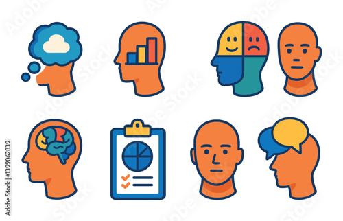 Isometric flat vector set of icons of psychological profile: thought profile, mental state, emotion map, personality icon, behavior brain, psych test, self-awareness, internal dialogue. isolated