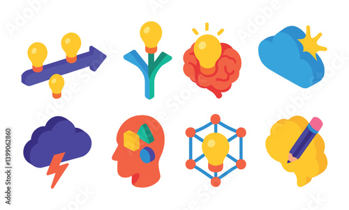 Isometric flat vector set of icons of thinking process: brain with gears, idea forming, decision path, thought spiral, question mark, creative spark, imagination cloud, critical thinking icon.