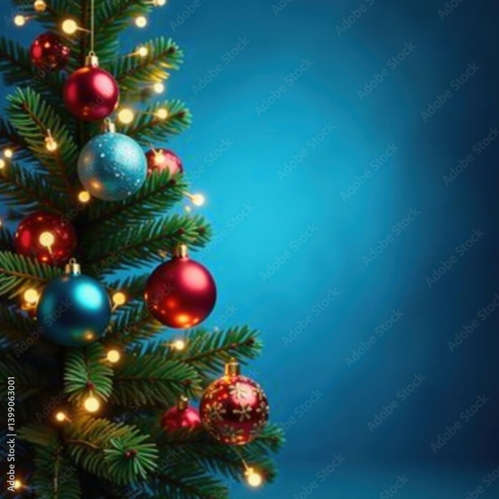 Fototapeta premium Christmas tree with ornaments and lights in a blue background, festive, snowflakes, decorations
