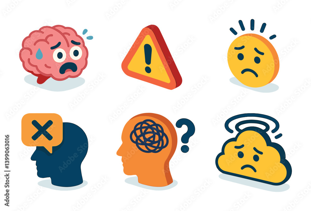 Obraz premium Isometric flat vector set of icons of emotions and moods: joy, sadness, anger, anxiety, calm, excitement, confidence, boredom. isolated transparent background.