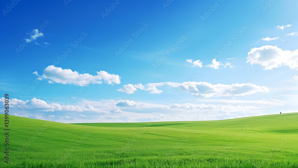 Obraz premium Blue sky, white clouds and green prairie