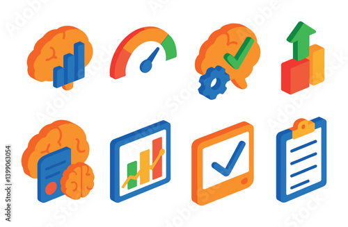Isometric flat vector set of icons of brain optimization: peak brain, brain chart, speed icon, performance tracker, concentration scale, boost button, sharp mind, habit brain. isolated transparent