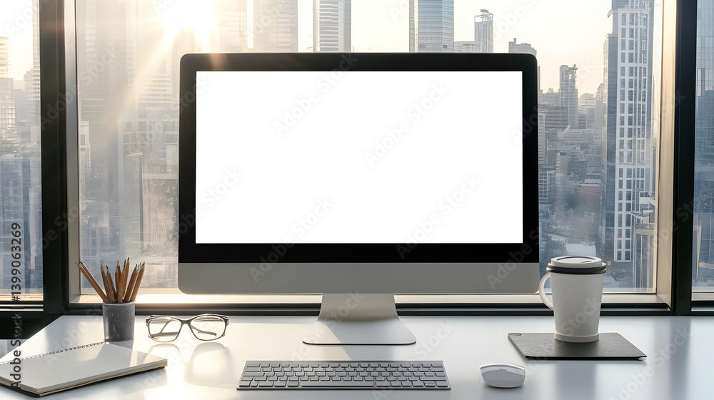 Fototapeta premium Clean desktop workspace with keyboard, notebook, and coffee mug in front of large city window for modern work scenes