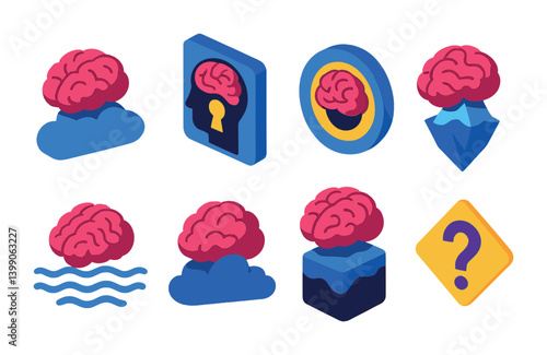Isometric flat vector set of icons of subconscious brain: dream brain, hidden thought, inner world, iceberg model, unconscious wave, sleep cloud, depth psychology, unknown symbol. isolated