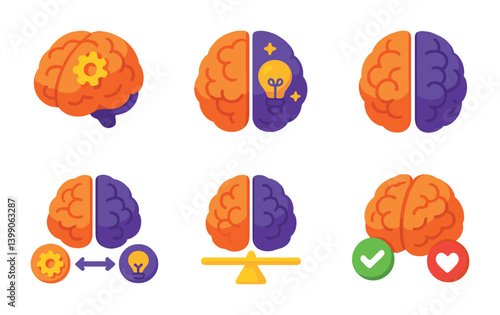 Isometric flat vector set of icons of brain anatomy: left hemisphere, right hemisphere, cerebellum, brain stem, frontal lobe, parietal lobe, occipital lobe, temporal lobe. isolated transparent