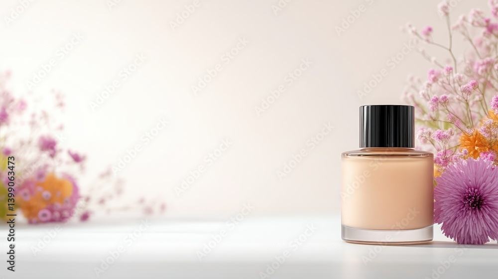 A cosmetic bottle of foundation on a white surface with soft focus background of colorful flowers, and elegant and minimalistic composition for beauty concept.