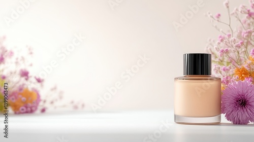 Obraz na płótnie A cosmetic bottle of foundation on a white surface with soft focus background of colorful flowers, and elegant and minimalistic composition for beauty concept. w salonie