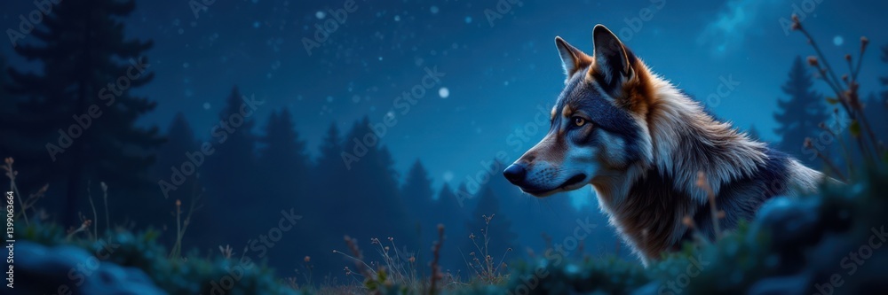 Obraz premium Close-up of a wolf's face in the wilderness under starry night sky, forest, wild animal