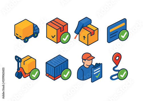 Isometric flat vector set of icons of logistics tracking: warehouse pin, shipment route, transit point, delivery van, logistics path, supply chain map, location barcode, scanning point. isolated