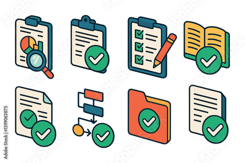 Isometric flat vector set of icons of site optimization tools: SEO report, analytics graph, crawl status, page audit, image compression, broken link checker, lazy load icon, cache clear. isolated