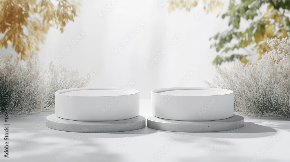 Two white cylindrical pedestals on gray bases in a serene outdoor setting, surrounded by lush greenery and soft sunlight, and minimalist display concept.
