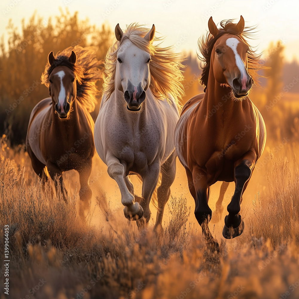 Elegant horses running in meadow Elegant horses running in meadow